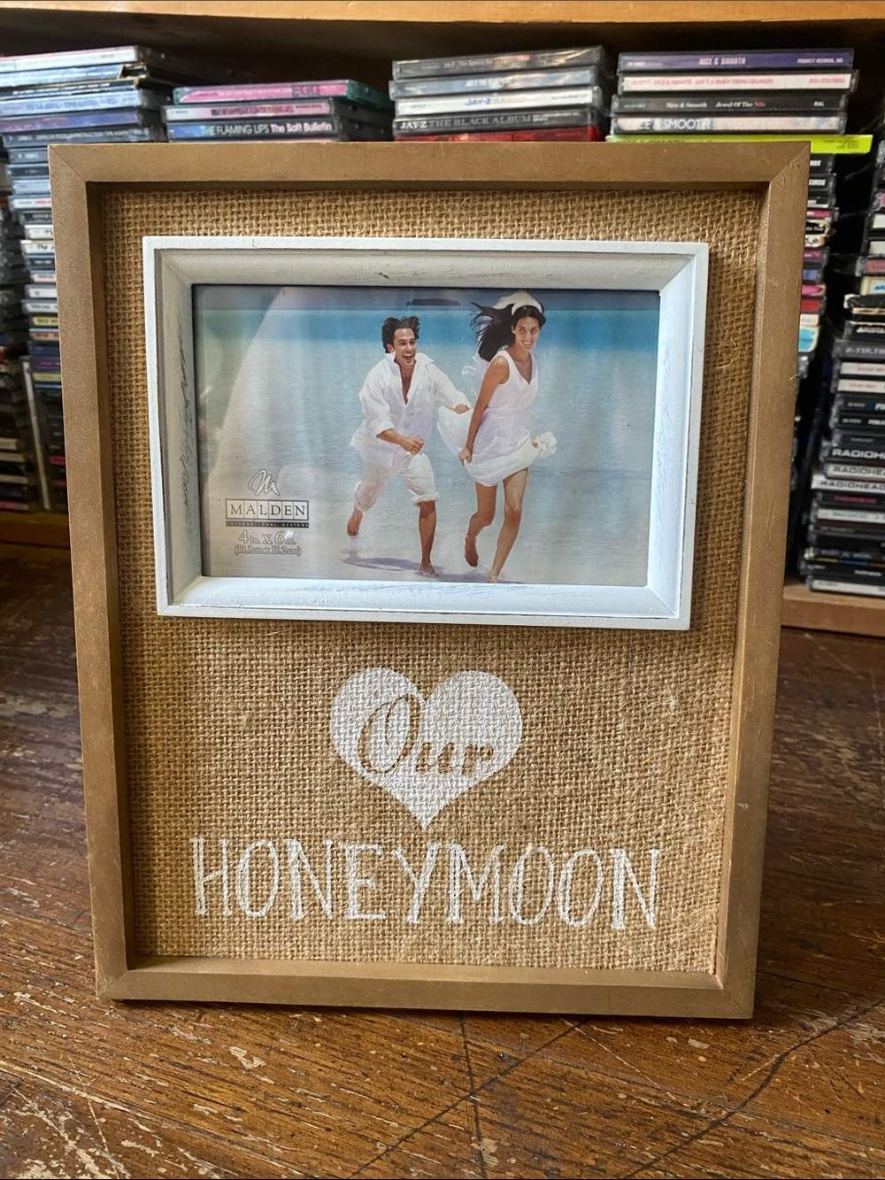 Our Honeymoon Burlap Photo Frame - White Accent
